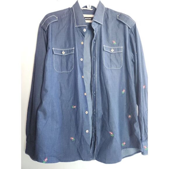 Osvaldo Trucchi Men Blue w/Embrodiery 100% Cotton Button Down Shirt size 41 - Picture 3 of 9
